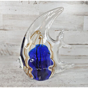 Vintage Vinci Dynasty Gallery Fused Art Glass Angel Fish Paperweight Blue Bubble